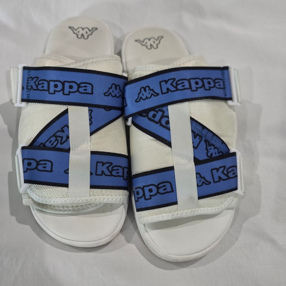 Kappa 222 Banda Mitel 1 Sandals Mens 12 White Blue Good Logo Tape Buckle Slides